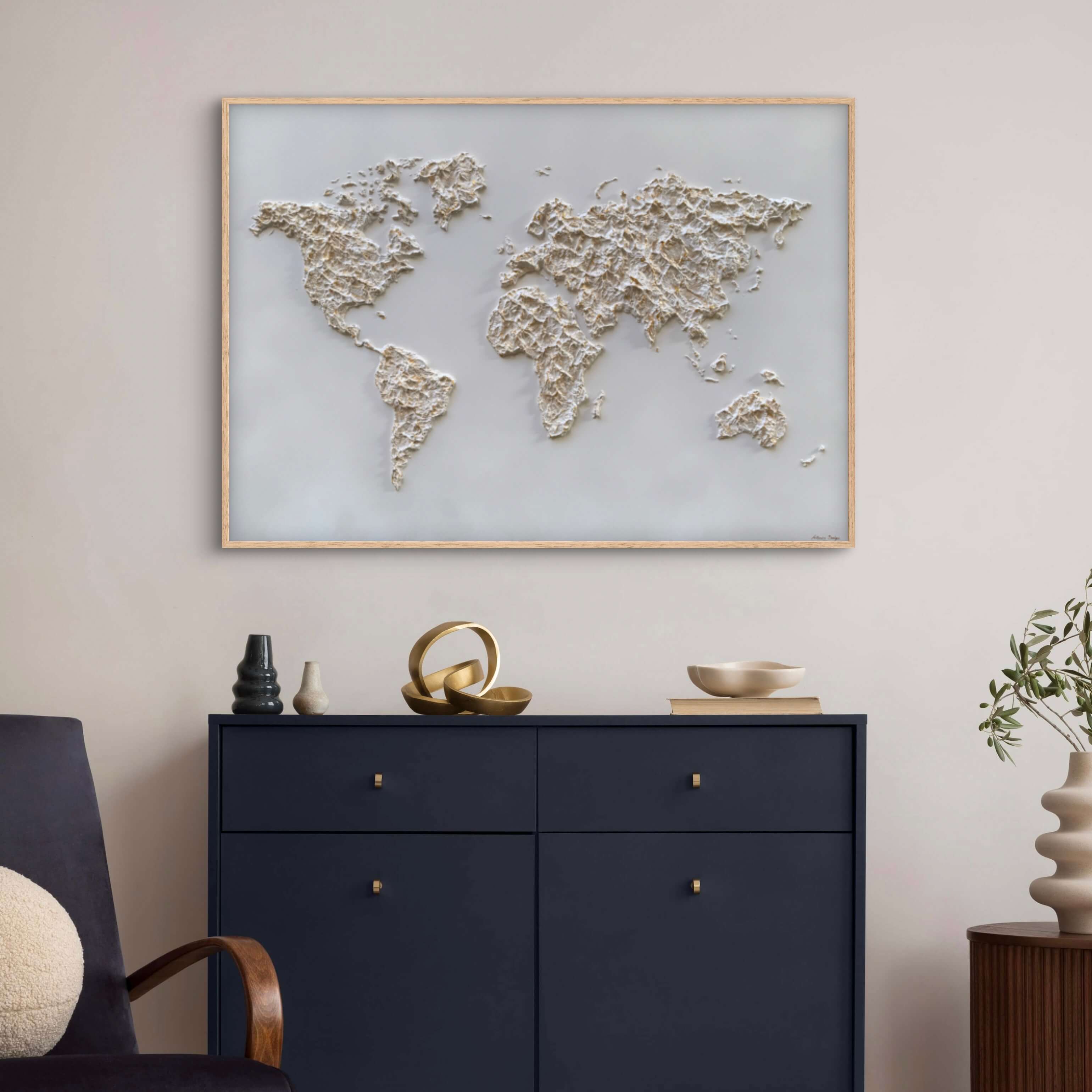 Cream and gold relief world map