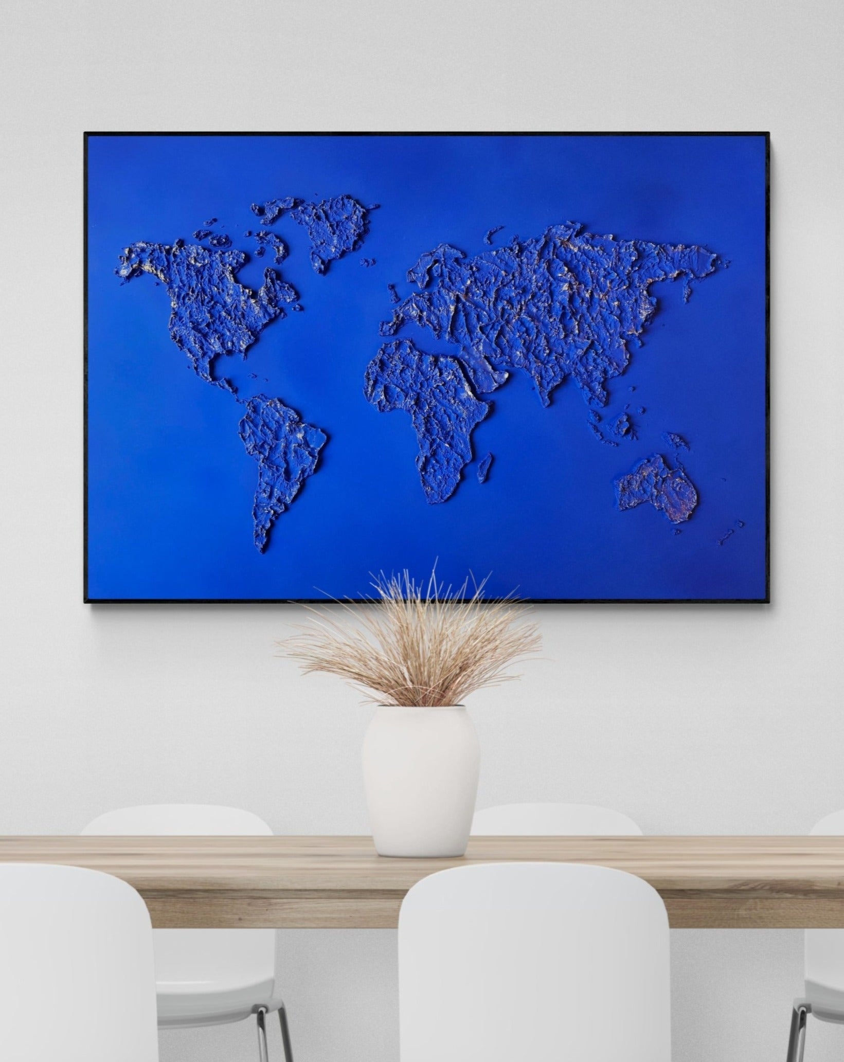 tableau de mappemonde bleu klein en relief doré 70x100cm