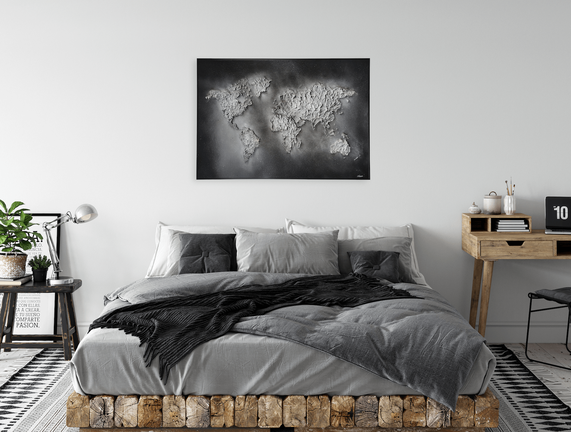 Black and white world map painting in relief