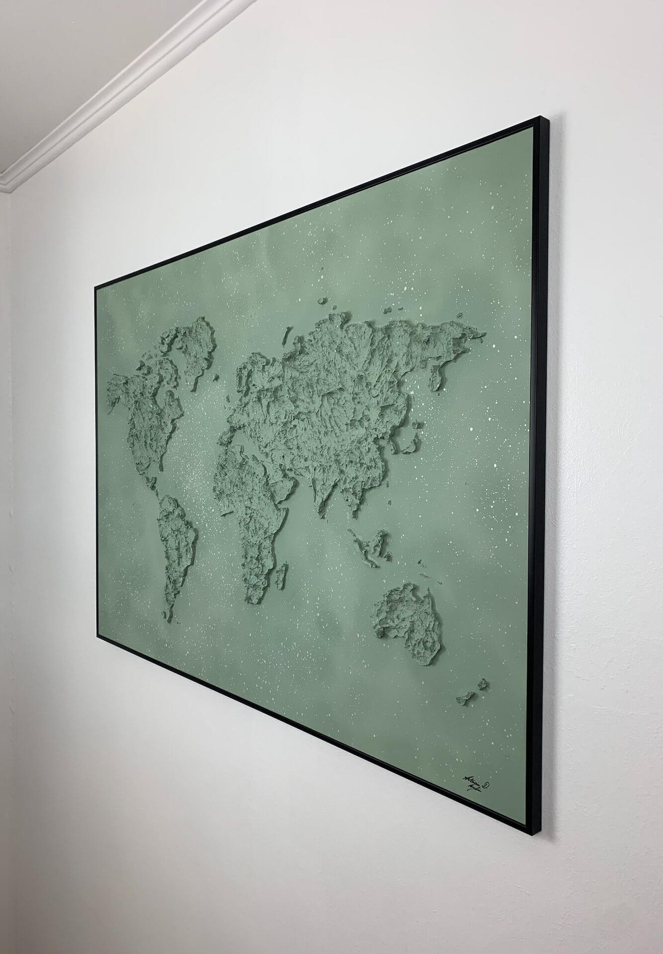 tableau mappemonde feuilles de chêne, couleur vert d'eau, 50X100cm, Vue en biais