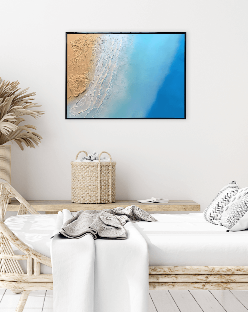 tableau de plage à vol d'oiseau vue dans un appartement cosy.