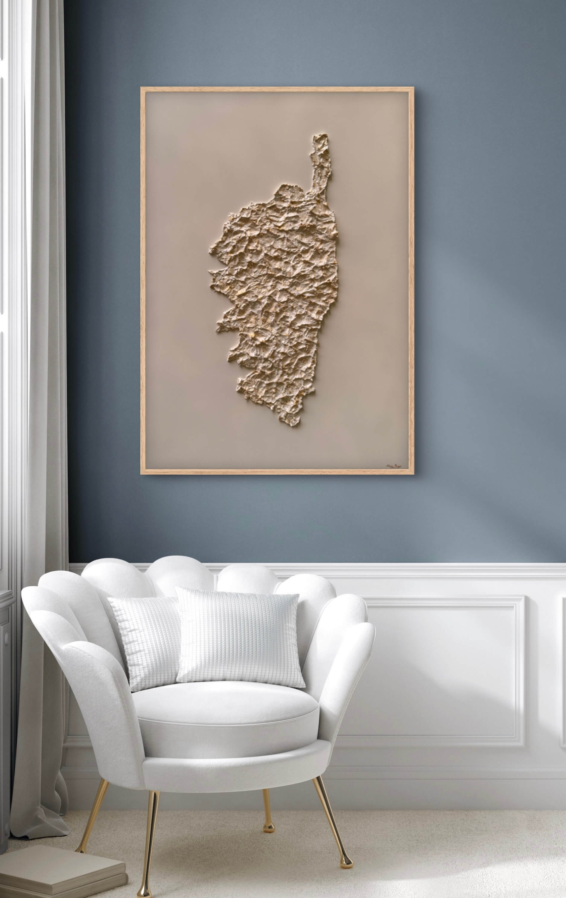 Cream and gold relief map of Corsica