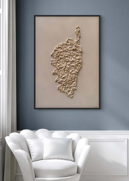 Cream and gold relief map of Corsica