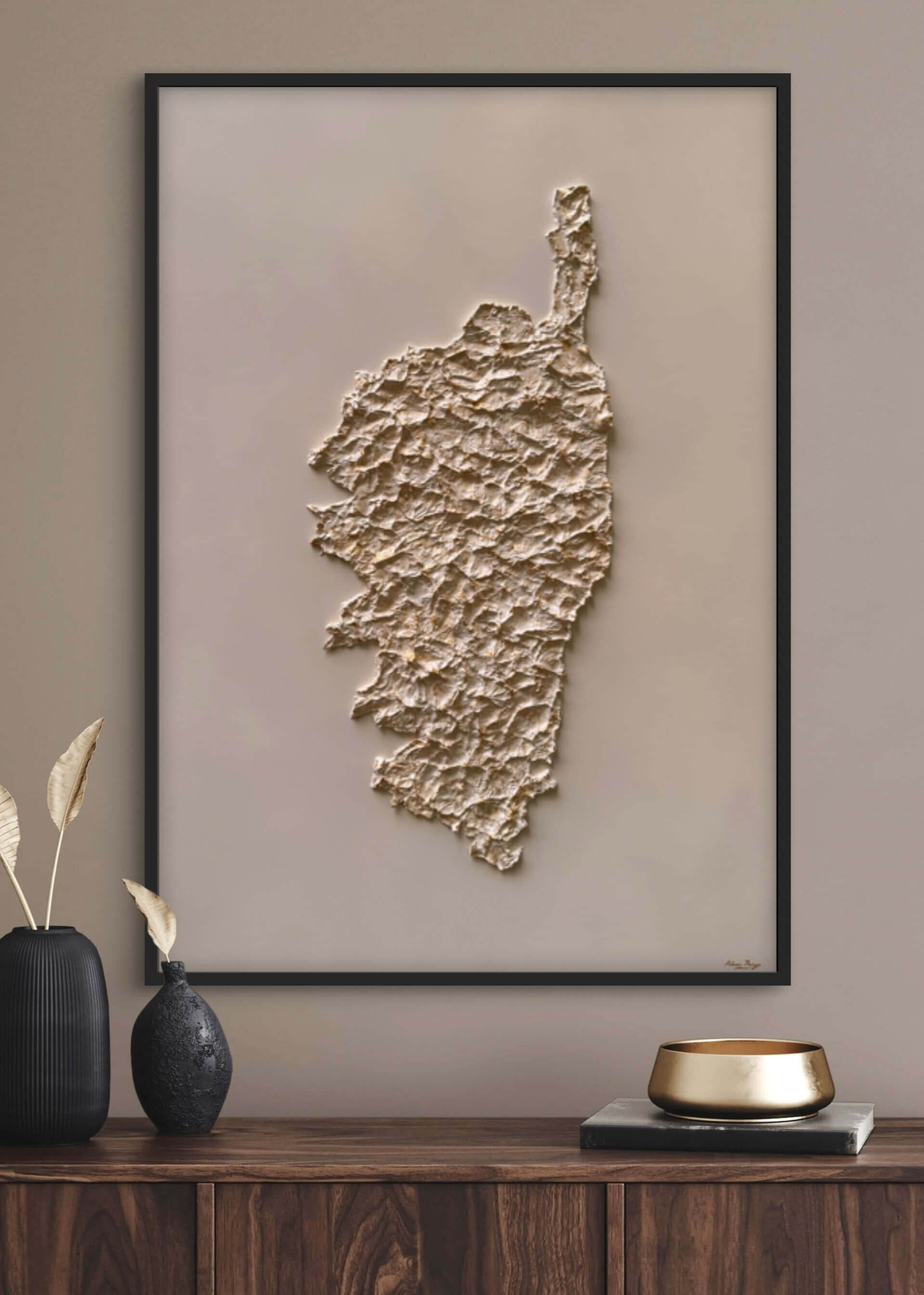 Cream and gold relief map of Corsica