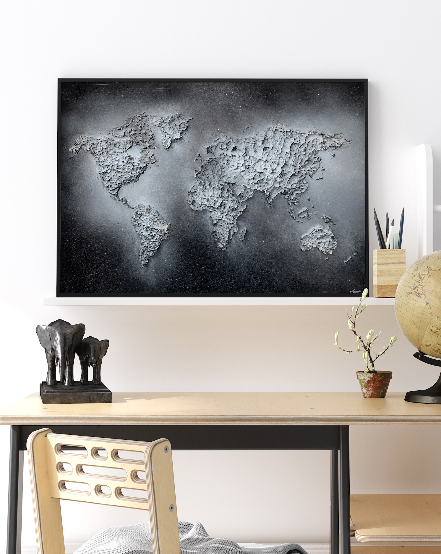 Black and white world map painting in relief