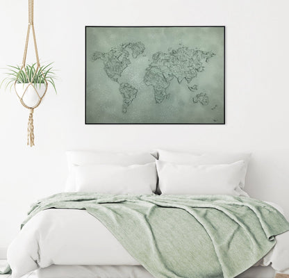 mappemonde vert d'eau en relief dans décor blanc