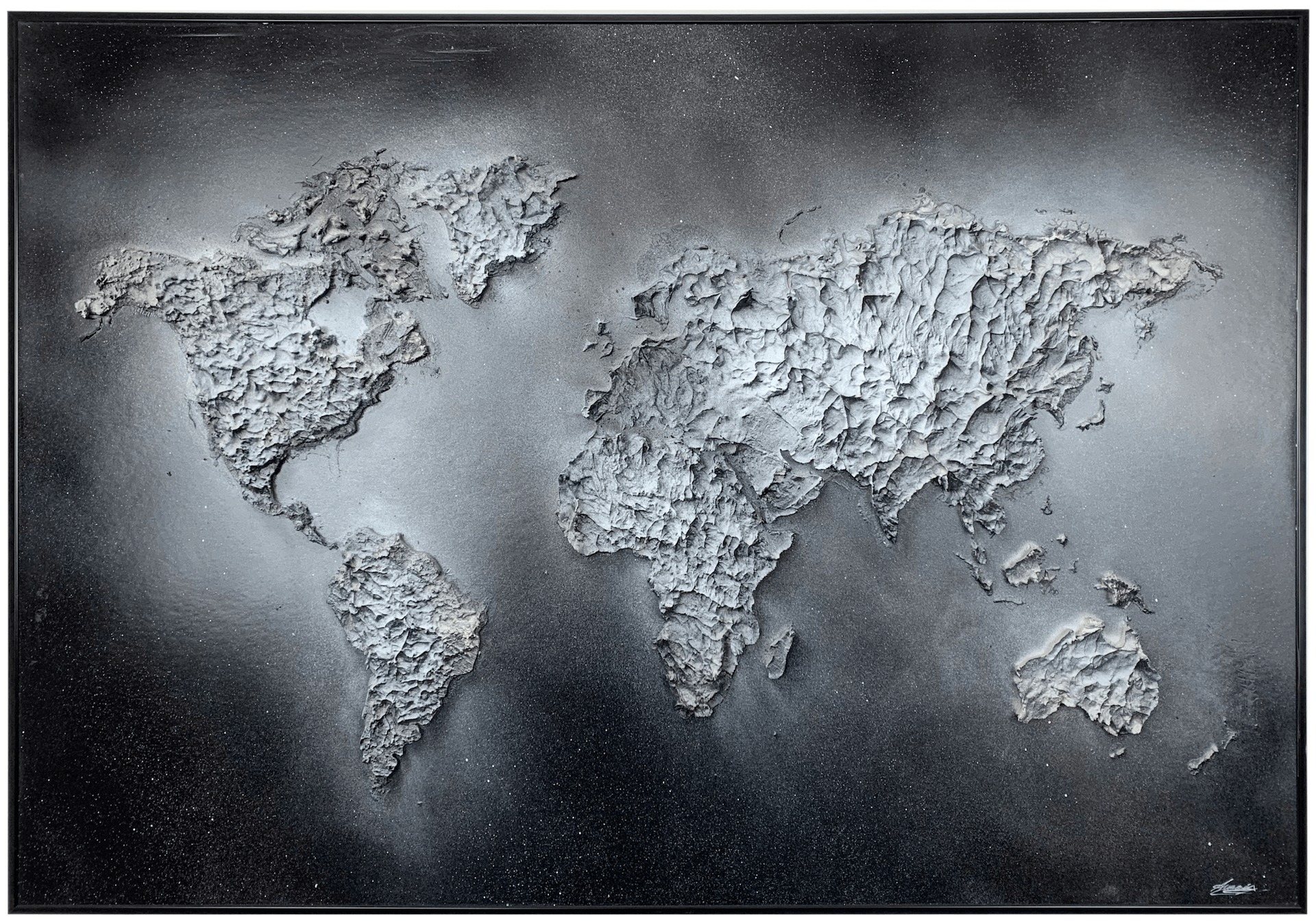 tableau en relief de mappemonde black & white, format 70x100cm, peinte à l'acrylique