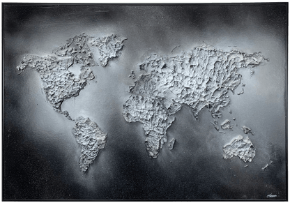 tableau en relief de mappemonde black & white, format 70x100cm, peinte à l'acrylique