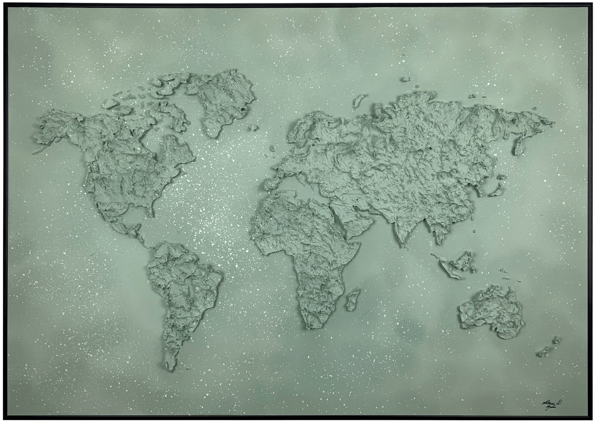 tableau mappemonde feuilles de chêne en relief couleur vert d'eau , format 70X100cm