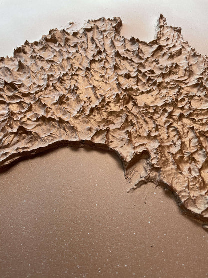 Zoom sur le relief du tableau de l'Australie couleur bronze et blanc